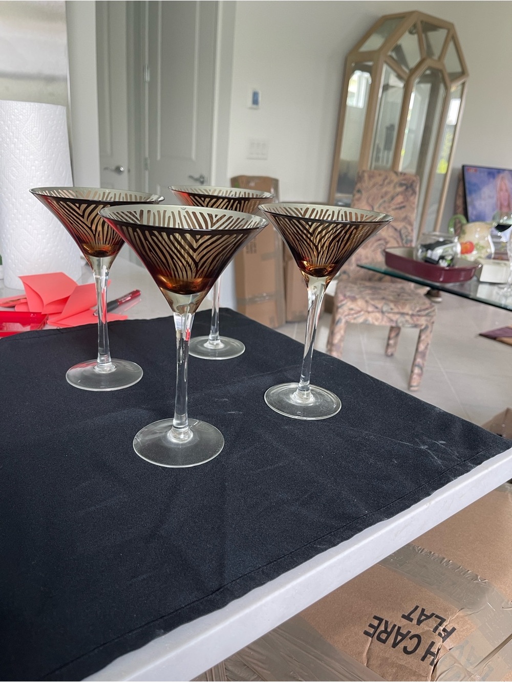 Amber Zebra-Patterned Martini Glasses with Clear Stems (Set of 4)